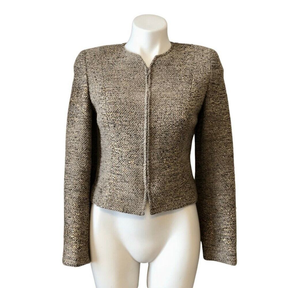 Rena Lange Blazer 8 Tan Fitted Zip Front Collarless Long Sleeve Lined VTG